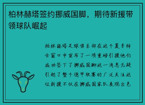 柏林赫塔签约挪威国脚，期待新援带领球队崛起