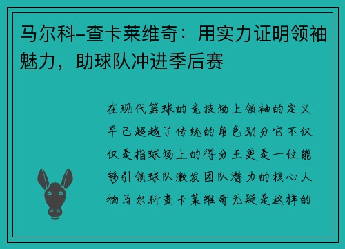 马尔科-查卡莱维奇：用实力证明领袖魅力，助球队冲进季后赛